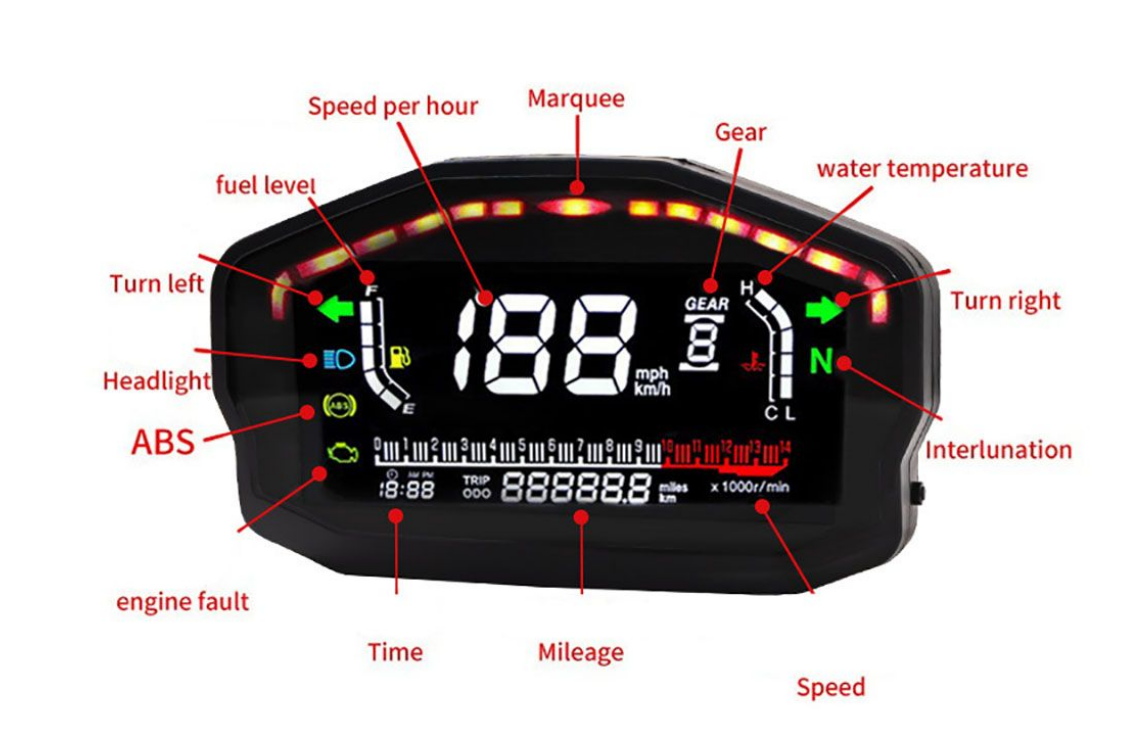 LCD Motorcycle Dashboard Universal Color Screen-ABS Speedometer-Black